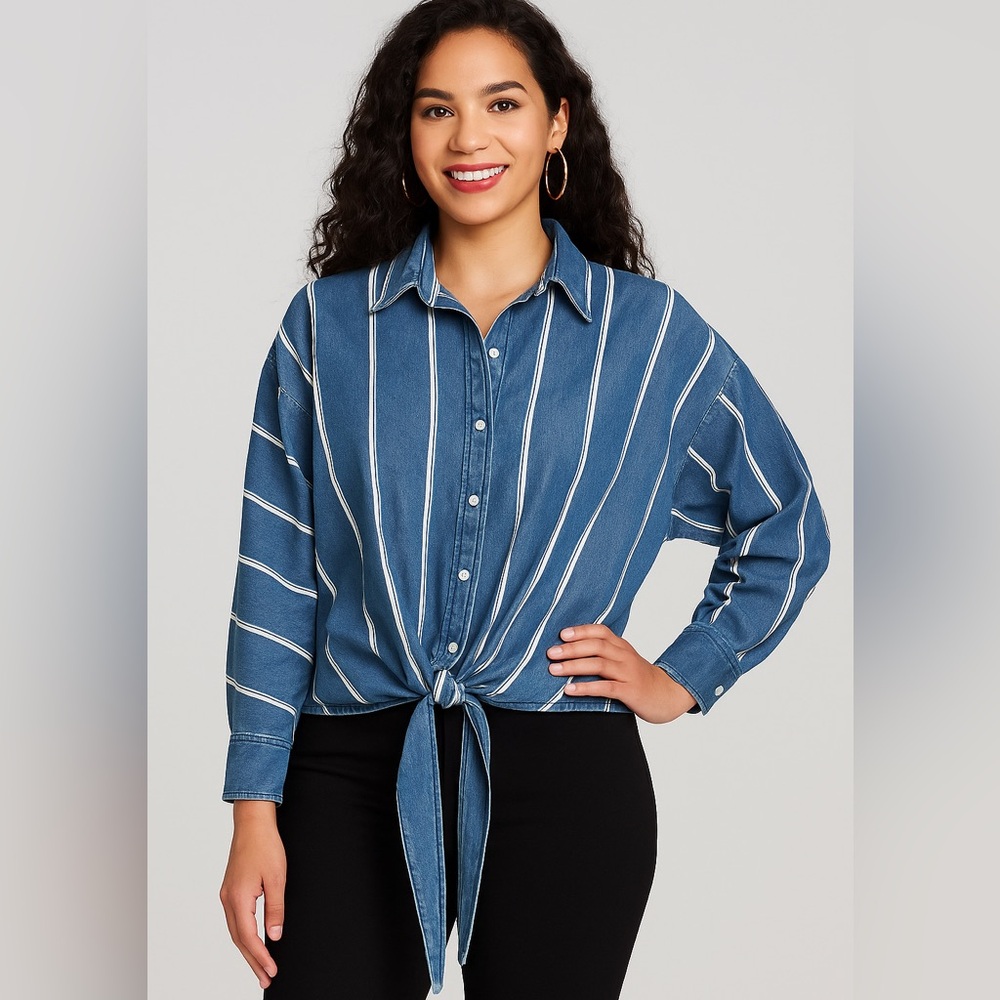 Jennifer Lopez Striped Denim Tie-Front Button-Down‎ Shirt Size M